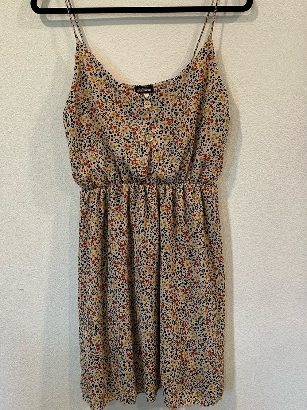Fashion Magazine Beige Floral Midi Dress with Navy & Rust Dots